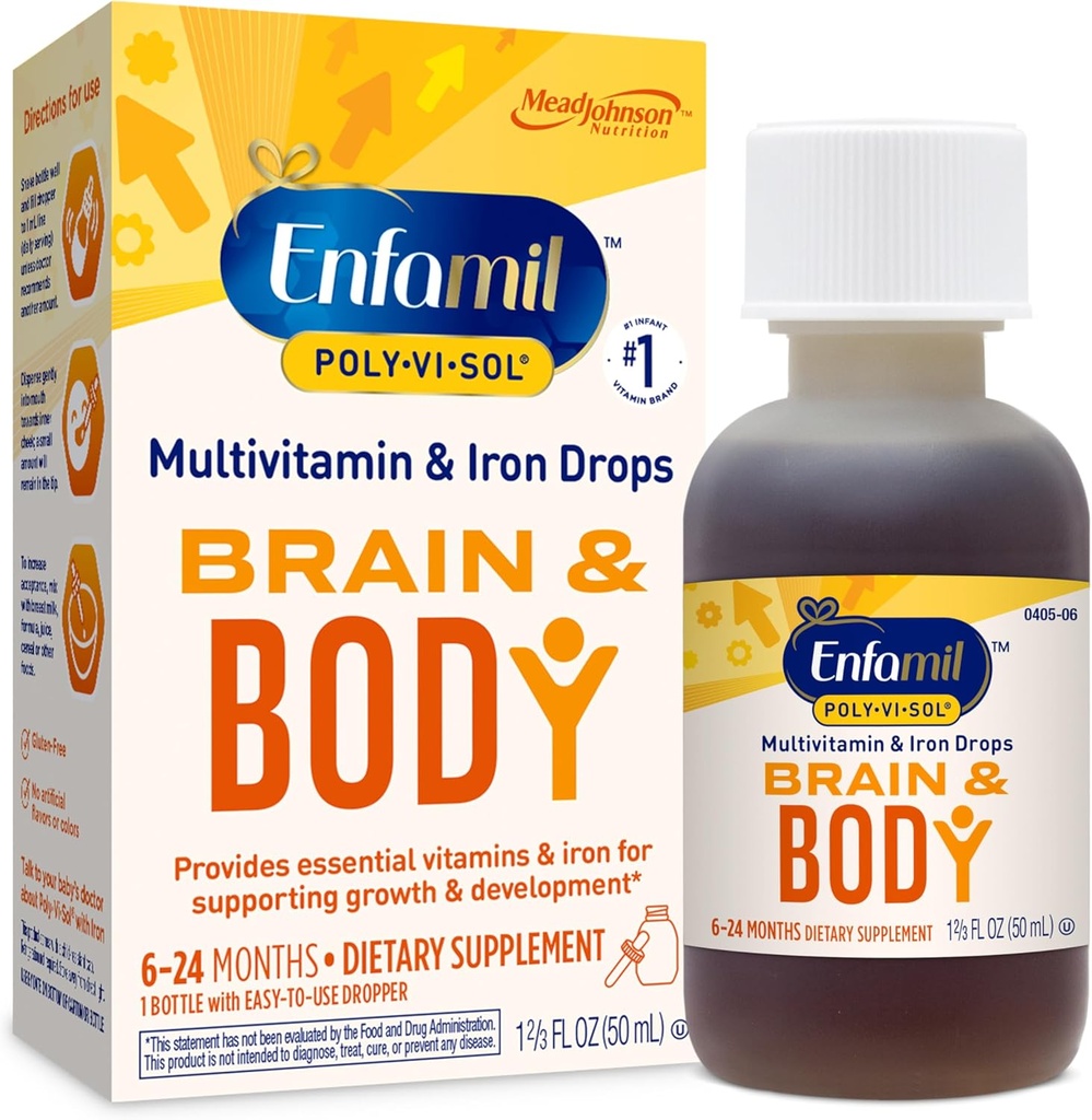 Enfamil Poly- Vi- Sol med Iron Liquid Multivitamin Drops, understøtter vækst og udvikling *, 50ml flaske