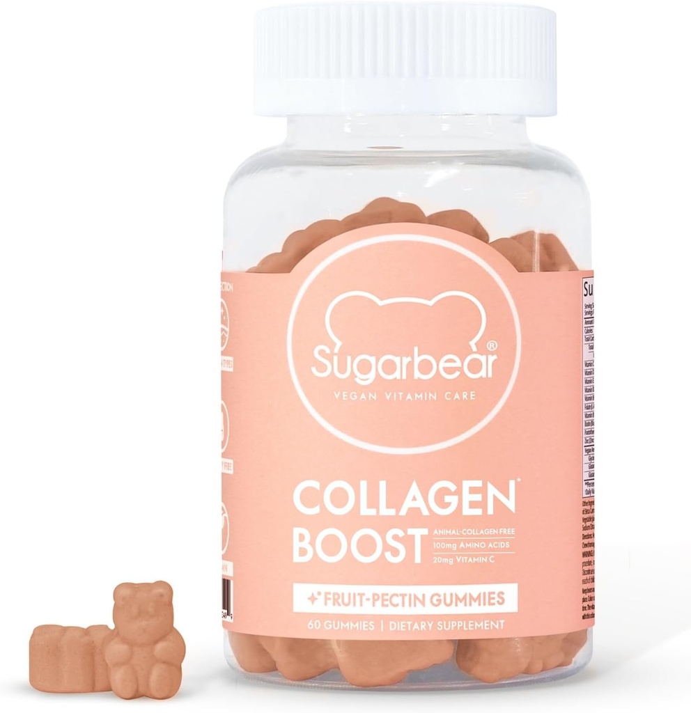 SugarbearPro collagen Boosting Vegan Multivitamin Gummies, 100 mg Aminosyrer, C-vitamin, D-vitamin, B- 12 og biotin, fremmer hår, negle, hud, ben og fælles sundhed 60 greve 2 måneder levering