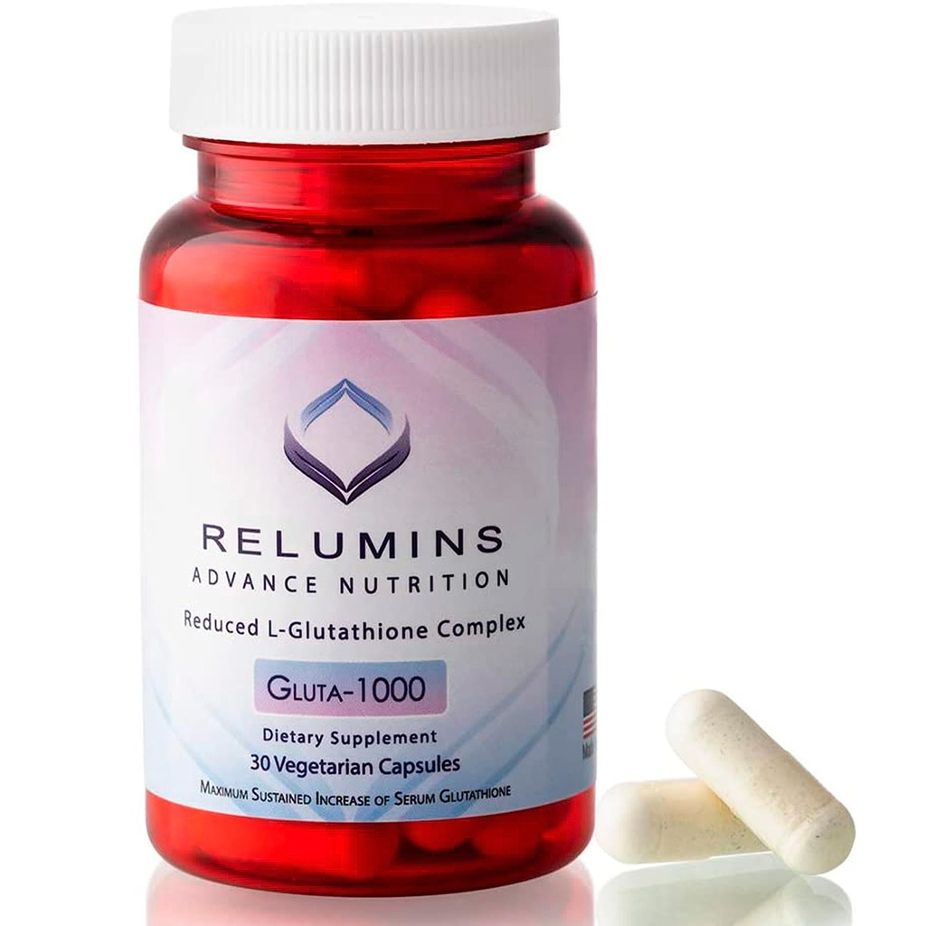 Reluminer Advance Nutrition Gluta 1000 - Reduceret L- Glutathion, Alpha Lipoic Acid & Rose HIPS, Antioxidant Support for Skin & Samlet Wellness, Lavet i USA - 30 kapsler (15-Day Supply)