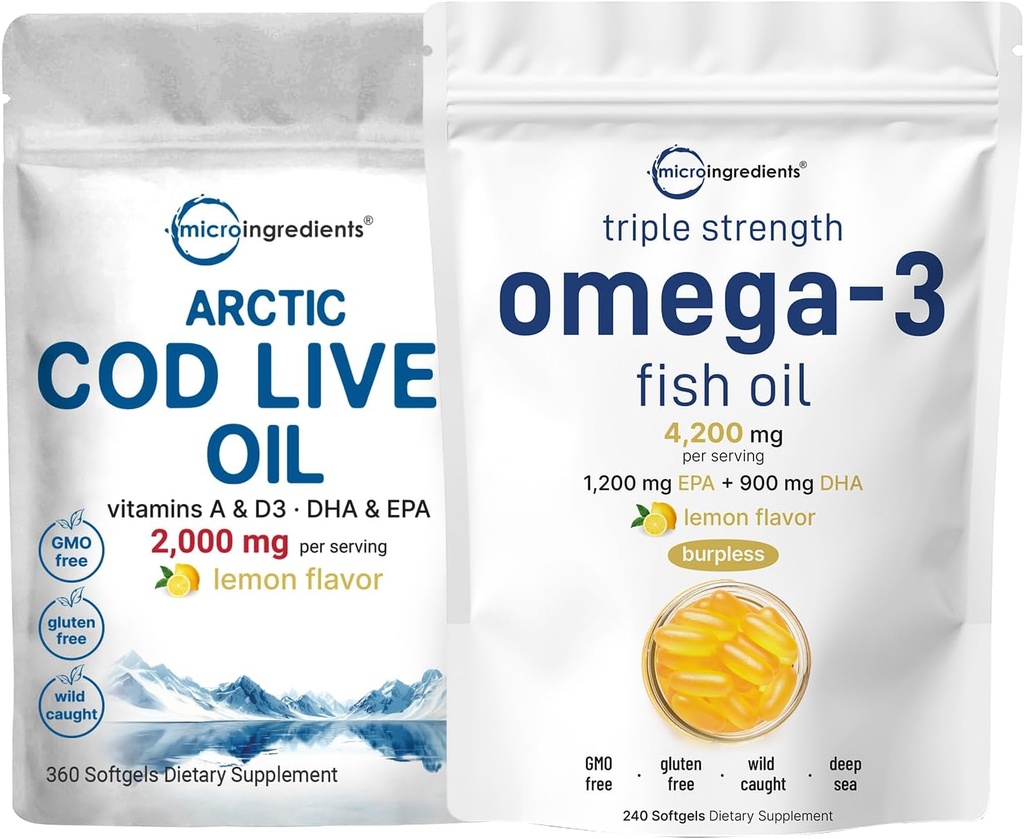 Triple Strength Omega 3 Fish Oil Supplements 4200mg Per Serving & Cod LeverOil 2.000mg Per Serving, 360 Softgels - 124; Lemon Flavored - Burpless - Wild Caught - Arctic Deep Sea Fish