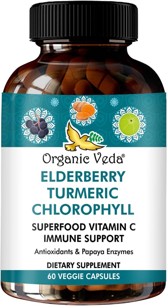 Økologisk Veda Elderberry gurkemeje Chlorophyll Immunsupport - Superfoods Antioxidants, Green Vitamin C, Grape Seed Extract, Acerola, Moringa & Papaya Enzymes - 60 Veganske kapsler