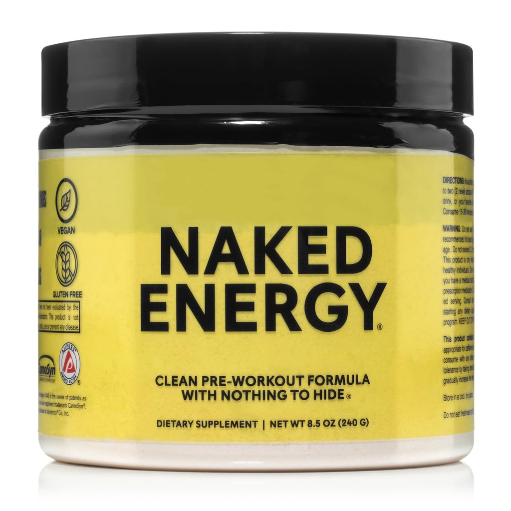 NAKED Energy - Pure Pre Workout pulver til mænd og kvinder, Vegansk, Unflavored, Sund Pre Workout - Ingen tilsat sødestoffer, farver eller smag - 50 Tjenester