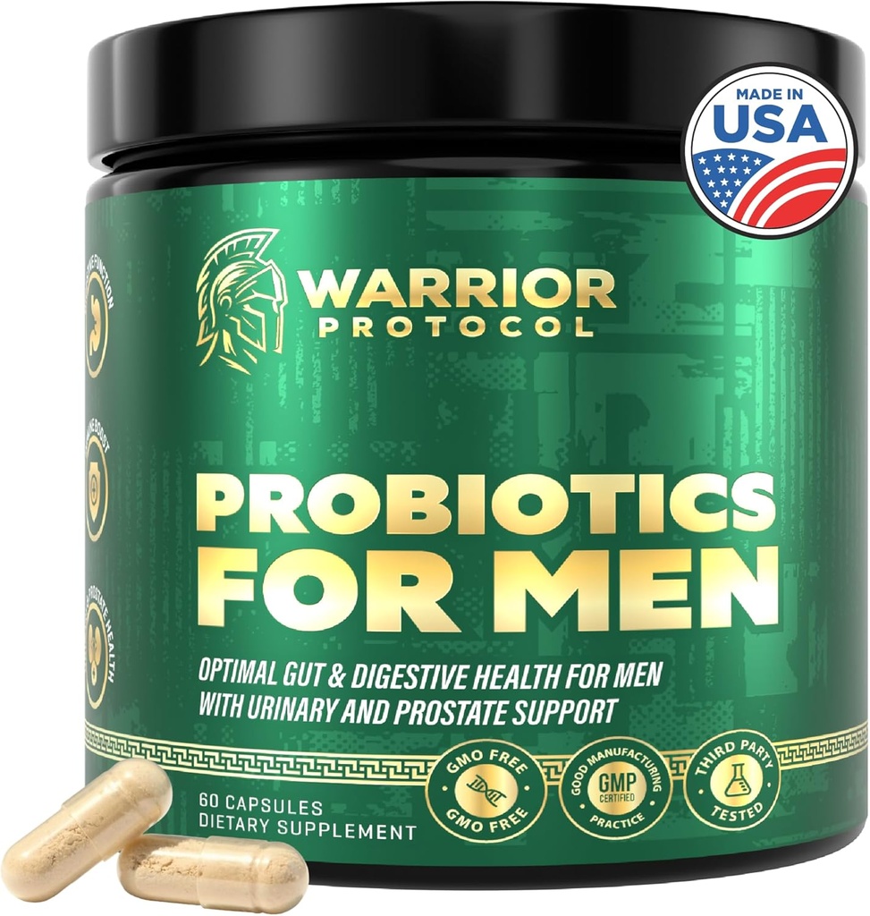 Probiotika til mænd med Prebiotika - Mænd Probiotisk supplement til fordøjelsessygdomme, Gut sundhed, immunforsvar, bloating og prostata pleje - Strops Hylde Stable, Gluten & Soy Free 60 kapsler.