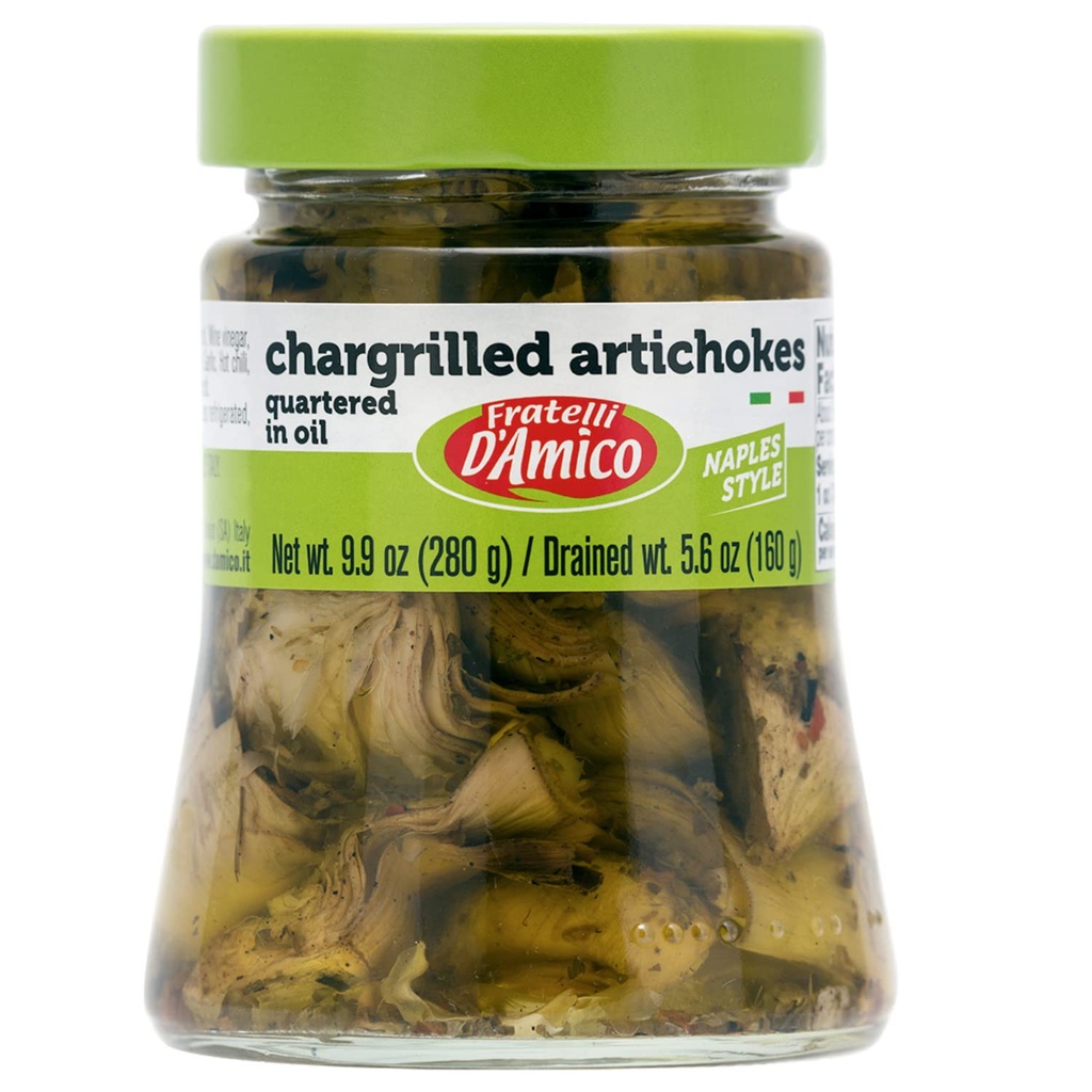 FRATELLI D 'AMICO - Chargrillet Artiskokker, Quartered in Oil, Grillet, Napoli Style, 9.9oz (280g) NON- GMO