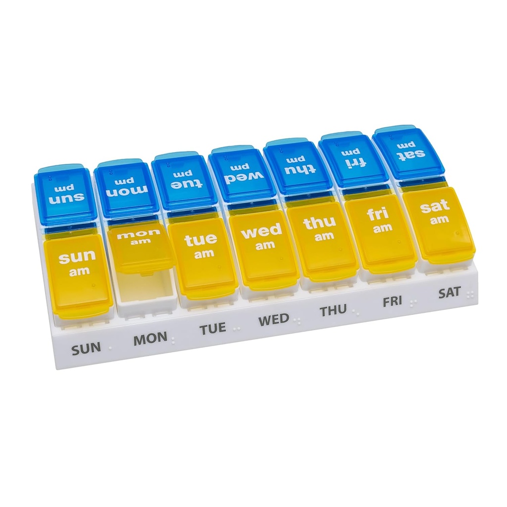 EZY DOSE Weekly AM / PM Pill Organizer, 7-dages Vitamin og Medicin Box med store Pop- Out Compartments, 2 gange en dag Pill Holder for Easy Dosing, Gule og Blå Lids, Travel- Friendly Design
