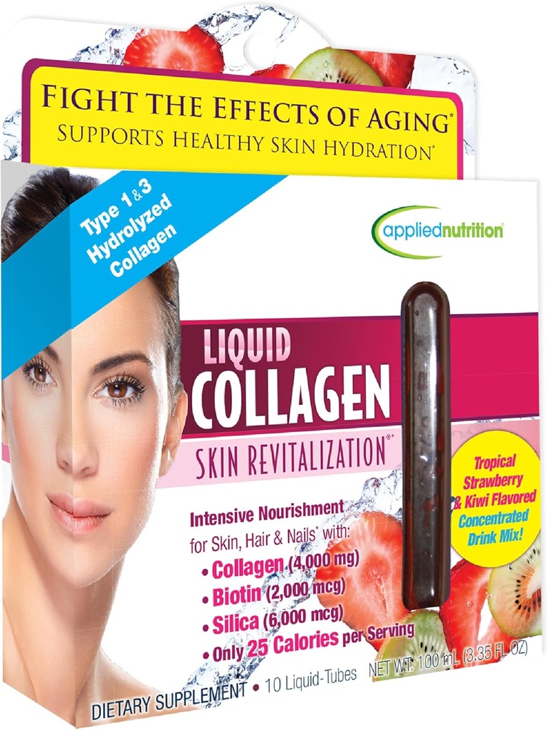 Anvendt ernæring Flydende Collagen Hud Revitalisering - 10 flydende rør - Collagen, Biotin & Silica - Tropical Strawberry & Kiwi Flavor - 10 Servering