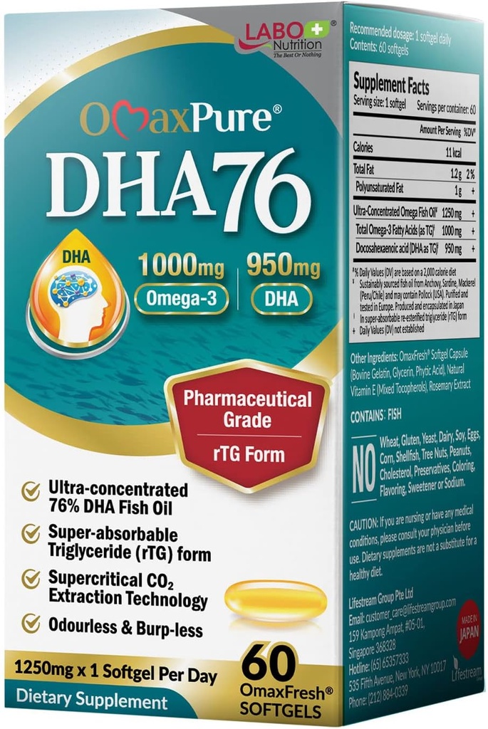 Labo Nutrition OmaxPure DHA76 Omega 3 Fish Oil, Ultra- Koncentreret 76% 950mg DHA, EPA, 60 Greve, Farmaceutisk Grade, Superkritisk CO2 Udtrukket rTG Form, for hjerte, fælles, hjerne og immunforsvar