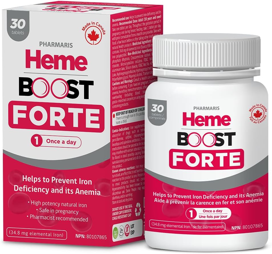 Hemeboost Forte 34, 8 mg (696 mg Heme Iron) I 30 tabletter I højpotens Natural Iron Supplement I High Absorption & Gentle på Mave I jernpiller til voksne & Sikker til brug ved graviditet