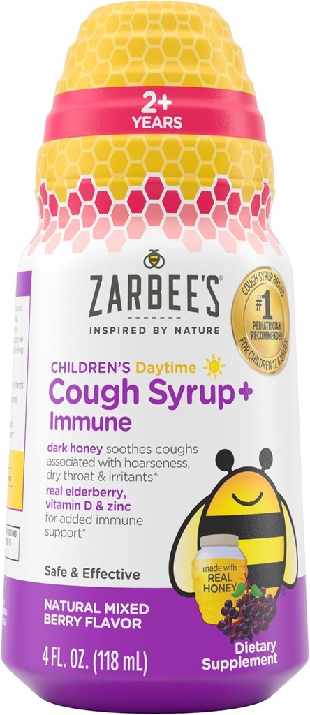 Zarbee 's Children' s Daytime Honey Hough Syrup + Immun for Kids 2 +, Hough Syrup med Soothing Dark Honey, Real Elderberry, Vitamin D & Zink, Drug & Alkohol- Free, Mixed Berry, 4 fl. oz