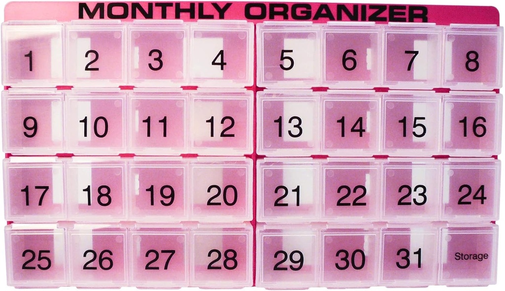 31 Dag Pill Organizer; 1 per dag, 4 Uge, 31 kompartmenter + opbevaring Månedlig Pill Organizer; 124; Inkluderer bakke og 8 Aftagelige rum