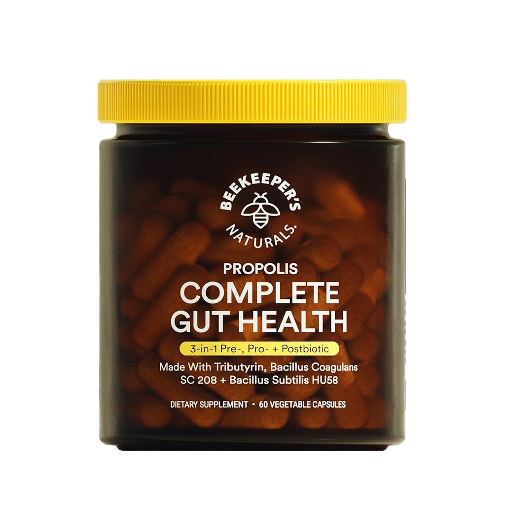 Biavlerens Naturals Complete Gut Health, 3- in-1 Prebiotic, Postbiotic, Probiotika til fordøjelsessygdomme & Bloating Relief for kvinder & mænd, Propolis drevet, Gluten- Free Vegan Kapsler, 60ct