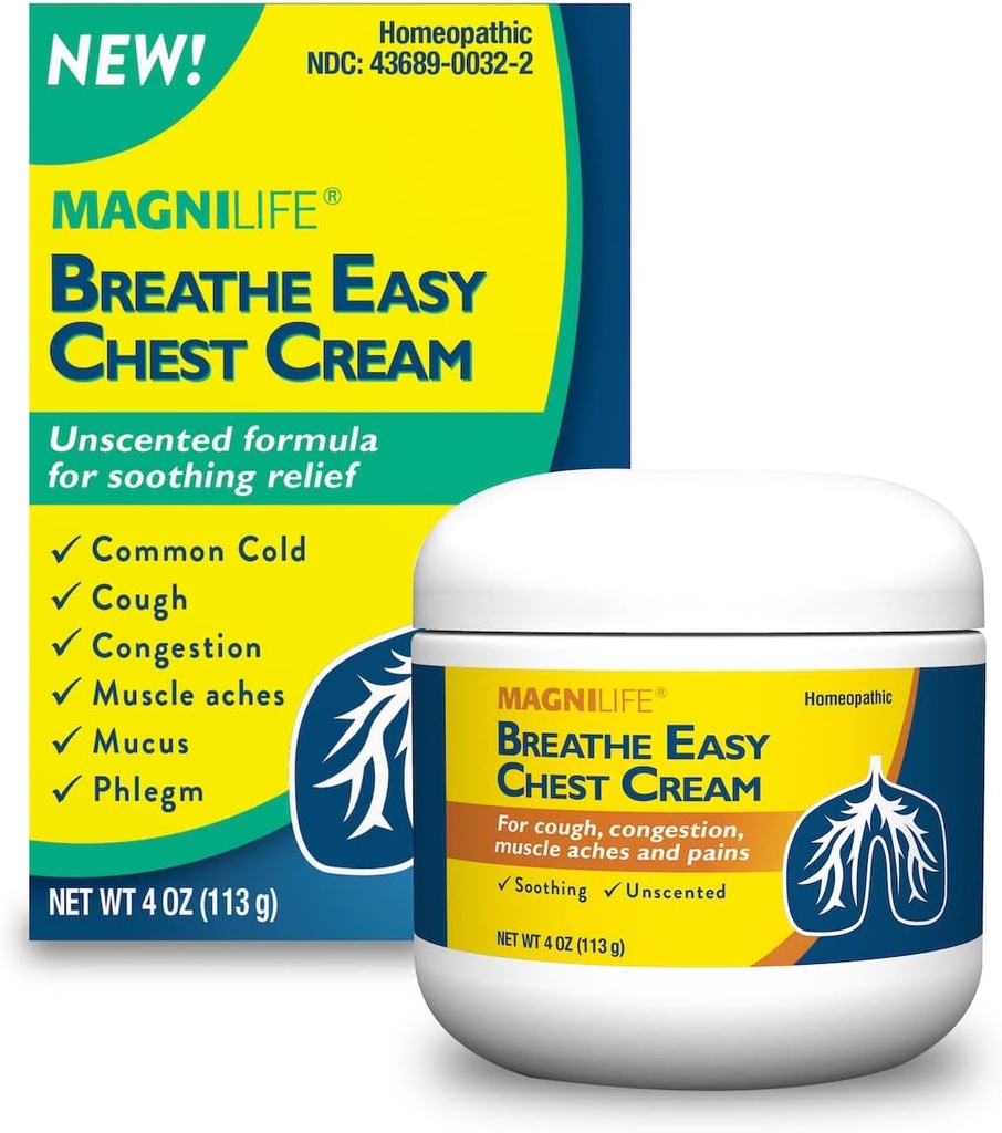 MagniLife breath Easy Chest Cream, 4 oz, Host & Muscle Pain Relief Cream for voksne, Chest Rub for Mucus Removal og Nasal Congestion Relief, Natural Topical, Unducted