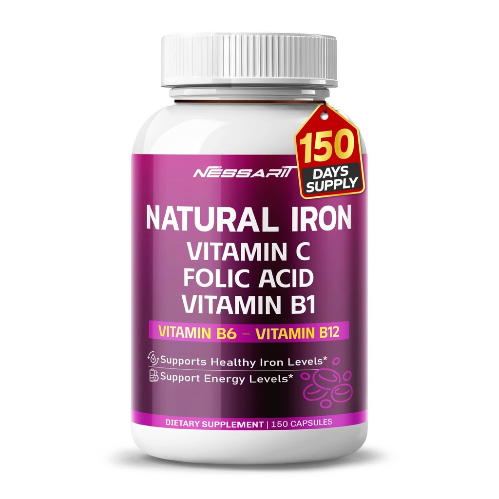 Organic Iron High Potency med C-vitamin, folinsyre - høj- Absorption Formel vitamin B1, vitamin B6, vitamin B12 - Support Blood Building - 150 Count - Made & Testet i USA