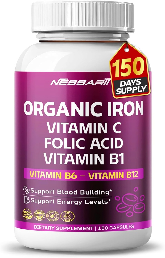 Organic Iron High Potency med C-vitamin, folinsyre - høj- Absorption Formel vitamin B1, vitamin B6, vitamin B12 - Support Blood Building - 150 Count - Made & Testet i USA