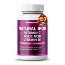 Organic Iron High Potency med C-vitamin, folinsyre - høj- Absorption Formel vitamin B1, vitamin B6, vitamin B12 - Support Blood Building - 150 Count - Made & Testet i USA