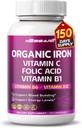 Organic Iron High Potency med C-vitamin, folinsyre - høj- Absorption Formel vitamin B1, vitamin B6, vitamin B12 - Support Blood Building - 150 Count - Made & Testet i USA