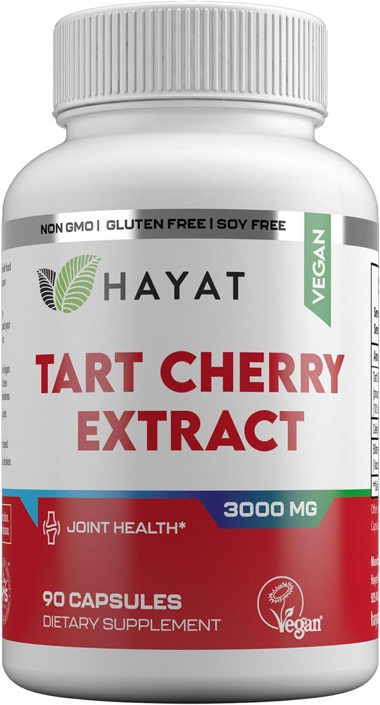HAYAT Vitaminer Vegan Natural Tart Cherry Extract 3000 MG, 3 Måned Supply, Potent 10: 1 Extract, All Natural, Certified Halal, 90 Kapsler,