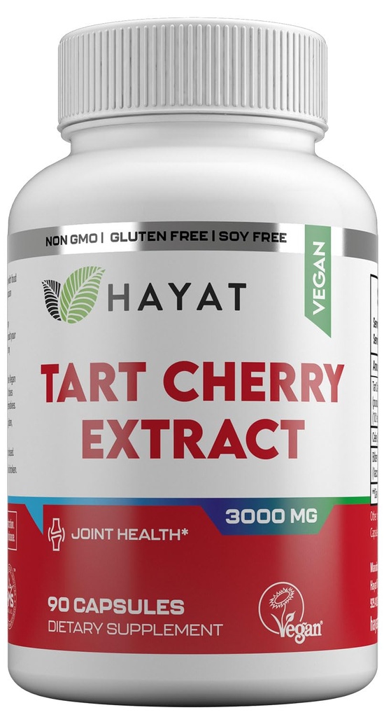 HAYAT Vitamins Vegan Natural Tart Cherry Extract 3000 MG, 3 Month Supply, Potent 10:1 Extract, All Natural, Certified Halal, 90 Capsules,