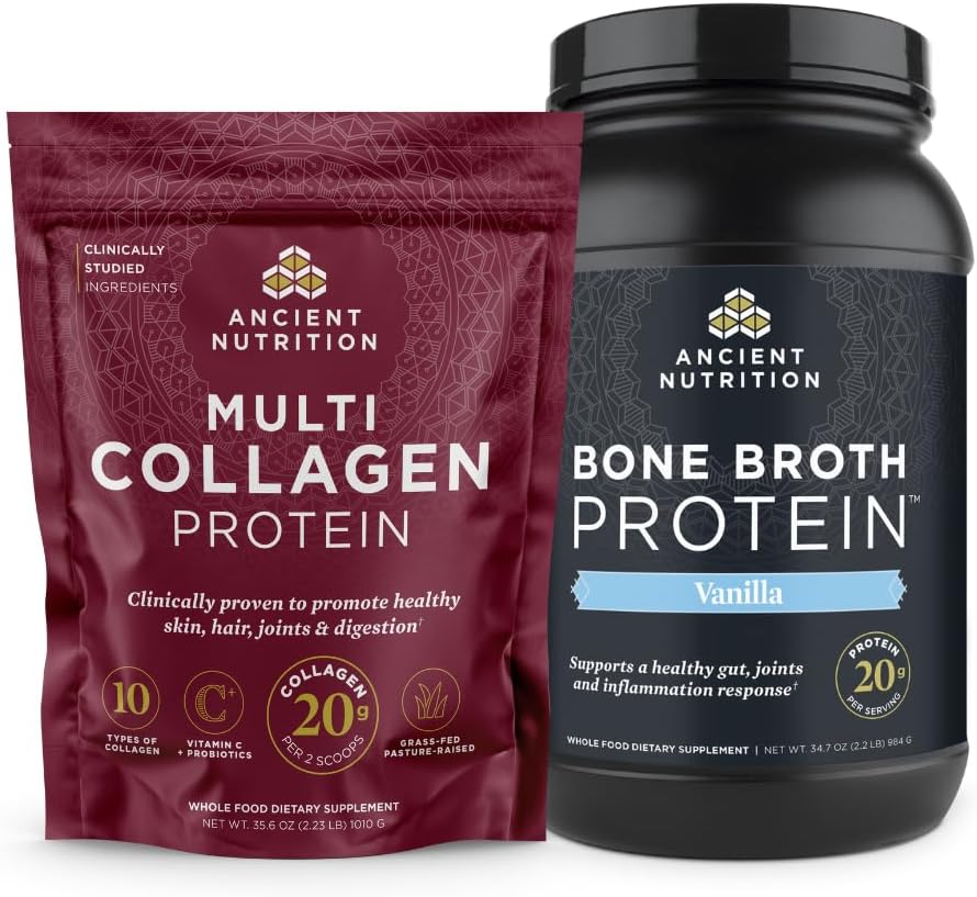 Ancient Nutrition Multi Collagen Protein Powder, Unflavored, 100 Servere + Bone Broth Protein Powder, Vanilla, 40 Servere