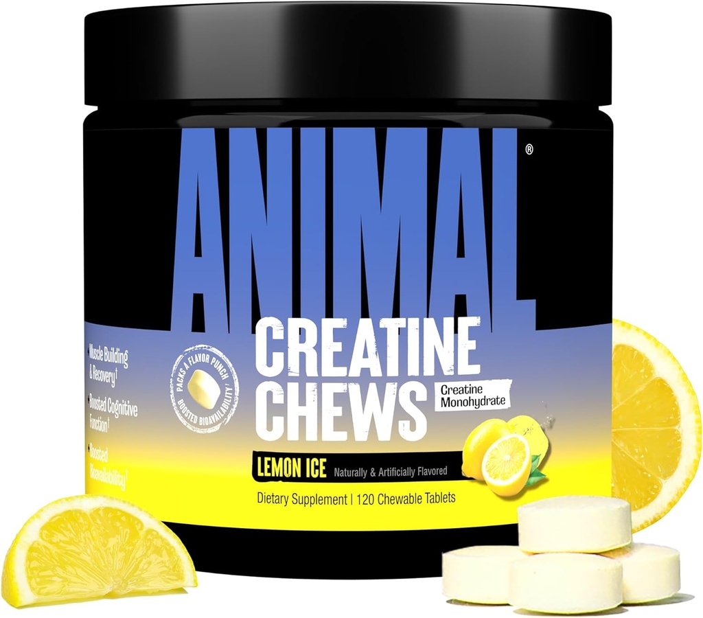 Animal Creatin Chews Tablets - Forbedret Creatin Monohydrat med AstraGin for at forbedre Absorption, Sea Salt til Tilsatte Pumper, Lækre og Praktisk Chewable Tablets - Lemon Is