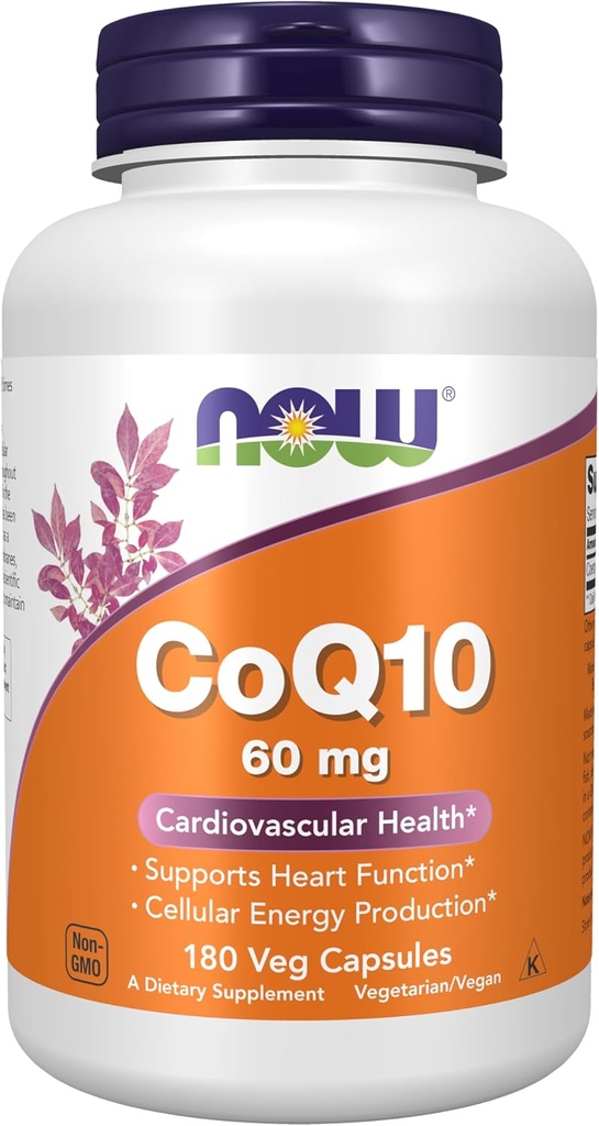 Now Foods Supplements, CoQ10 60 mg, Pharmaceutical Grade, All- Trans form af CoQ10 Produceret ved gæring, 180 Veg kapsler