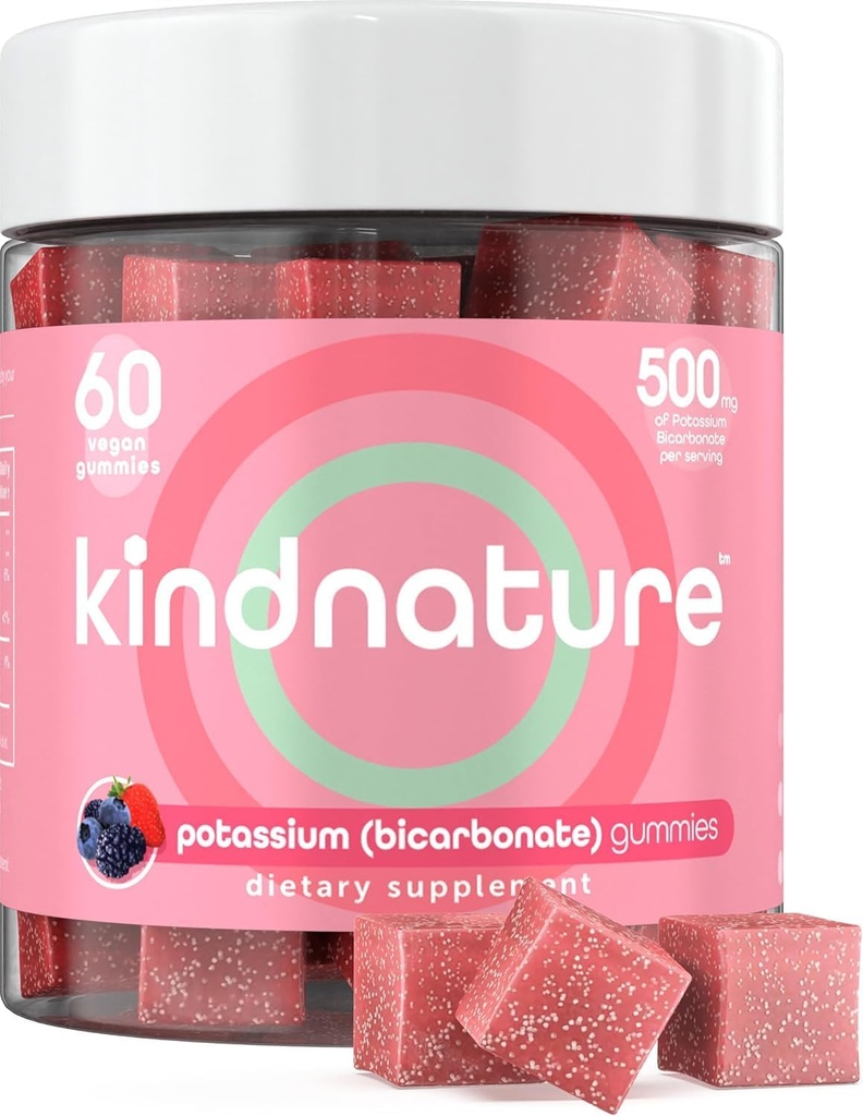 KINDNATUR High Kalium Supplement Gummies 500mg - Chewable for adult & Kids - Pure Kalium Bicarbonat Mineral Supplement - Vegan, Gluten Free, Non GMO - 60 Gummies (30 dages forsyning)
