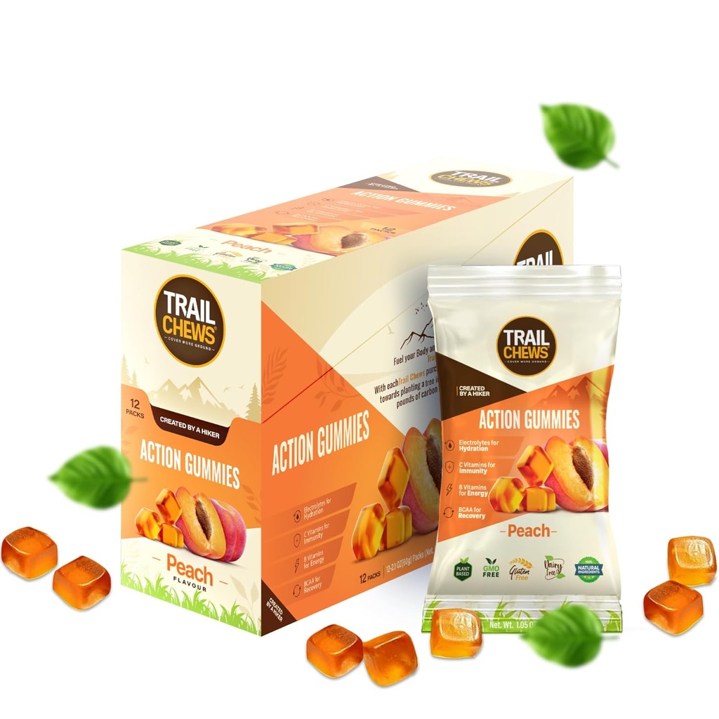 - Peach Flavor - 4-in-1 energi gummier for energi, hydrering, immunitet, inddrivelse. Øger udholdenhed og ydeevne. Plant-baseret & Gluten- Gratis. 12 poser, 10 gummies Hver.