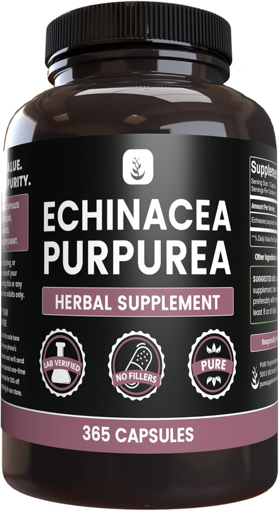 PURE ORIGINALSKE INGREDIENSER Echinacea purpurea (365 kapsler) Ingen Magnesium eller Rice Fillers, Altid Pure, Lab Verified