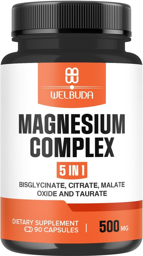 5in1 Magnesiumkompleks Supplement med 20% Renset - 500 mg Magnesiumbisglycinat, citrat & mere for Muskel, Afslapning Mood, Knoglesundhed & mere - 90 kapsler