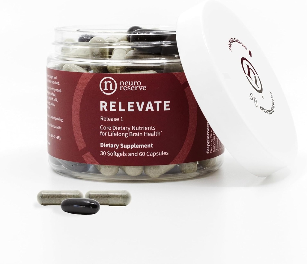 RELEVATE Brain Health Supplement; Hukommelse, fokus, energi, søvn, øjne og sund aldring; Læge Formuleret; Quercetin, Lutein, Magnesium Glycinate, Omega 3 DHA EPA, Vitamin B12, B3, D3