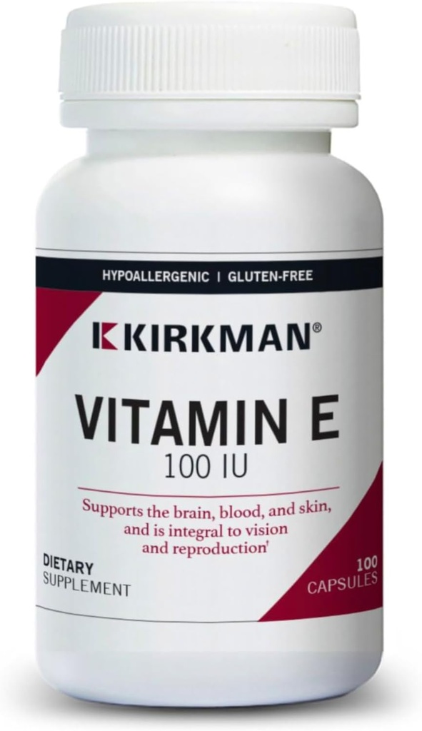 Kirkman Vitamin E 100 IE - Hypoallergenisk • 124; 100 vegetariske kapsler • 124; • 124; Supports immunsystem • 124; • 124; • Gluten Free • 124; • 124; • Casein Free • 124; • 124; • Soy- Free
