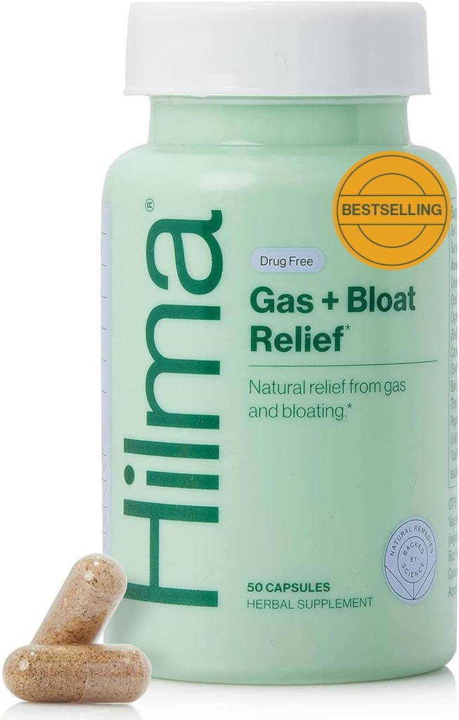 Hilma Natural Gas and Bloating Relief for Women, Doctor Formulated with Organic Ingredients, Lemon Balm, Fennikel og pebermynte Leaf, 50 Vegan Kapsler