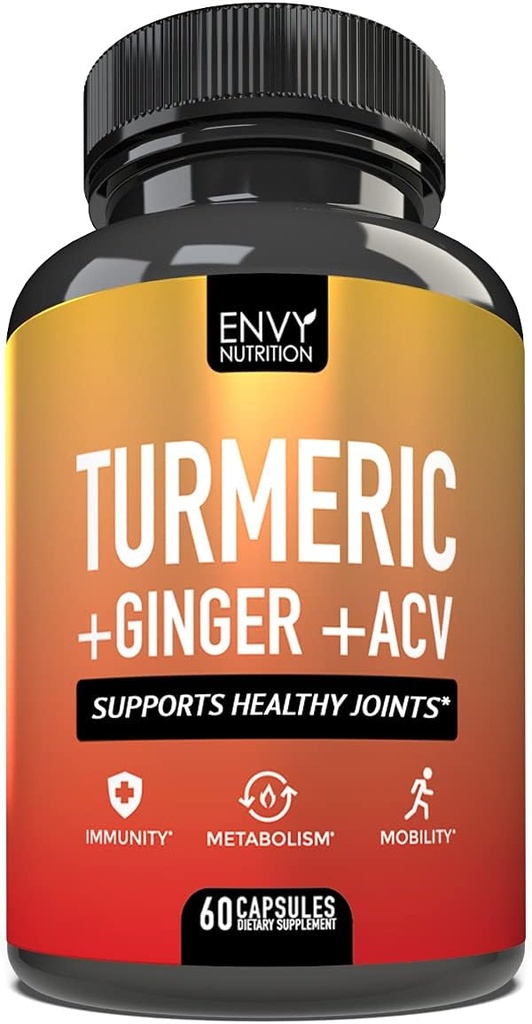 Envy Nutrition gurkemeje & Ingefær supplement kapsler med Apple Cider Vincire - Forstærket Immunitet & Metabolisme Support - 95% Curcuminoids, Bioperine (Black Pepper) for Superior Absorption - 60 Caps