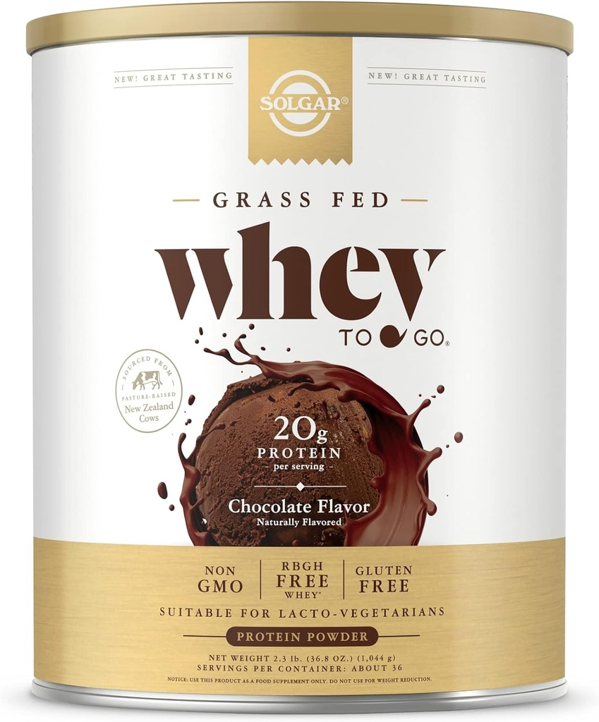 Solgar Grass Fed Whey to Go, Chokolade - 2.3 LB - Grass- Fed Whey Protein Powder - rBGH Free, Non- GMO, Gluten Free - 36 Serveringer
