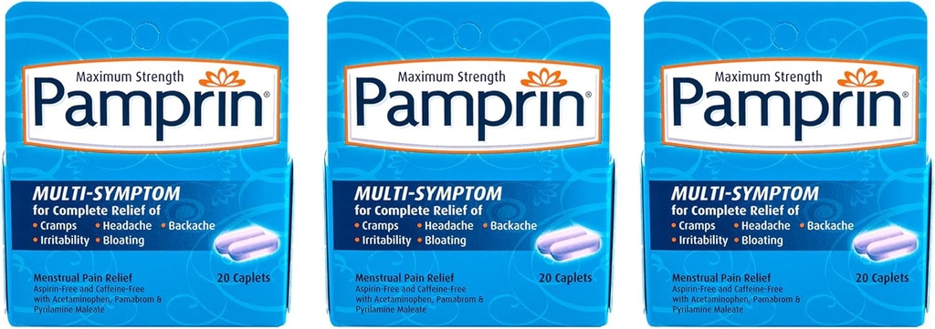 Pamprin Multi- symptom Formel, med Acetaminophen, Menstruelle Periode Symptomer Relief, 20 kapsler (pakke med 3)