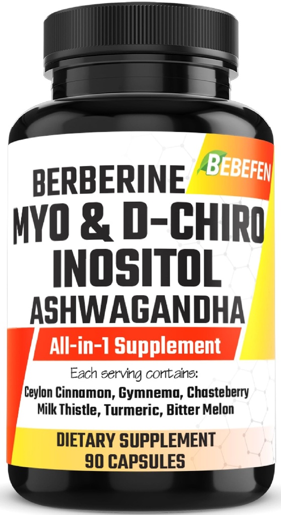 Myo-Inositol & D-Chiro Inositol kapsler med Ashwagandha, Berberine, kanel, Gymnema, Chasteberry, Milk Thistle, Gurkemeje, Bitter Melon - 90 Kapsler