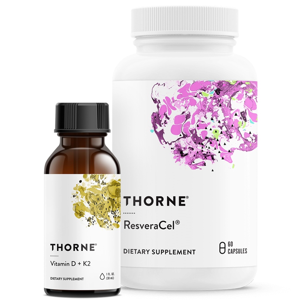THORNE - Cellular Support Bundle - D-vitamin + K2 Liquid og ResveraCel - Support Sunde knogler, muskler, og Aging