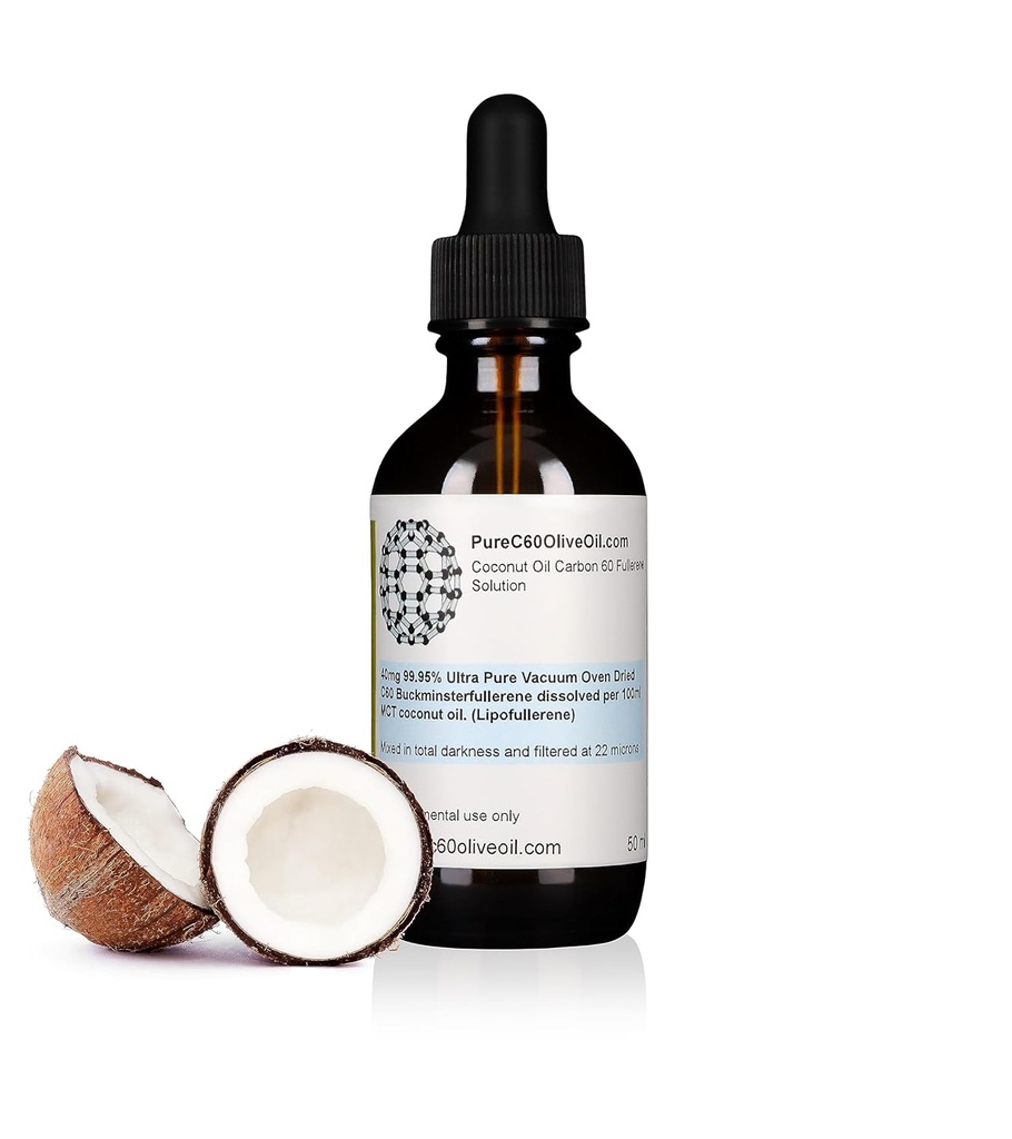 PureC60OliveOil C60 Organic MCT Coconut Oil 50ml / 1.7 Fl Oz - 99,95% Carbon 60 Solvent Free 20mg - Amber Glass Flaske - Food Grade - Carbon 60 MCT Coconut Oil - fra Den førende globale producent