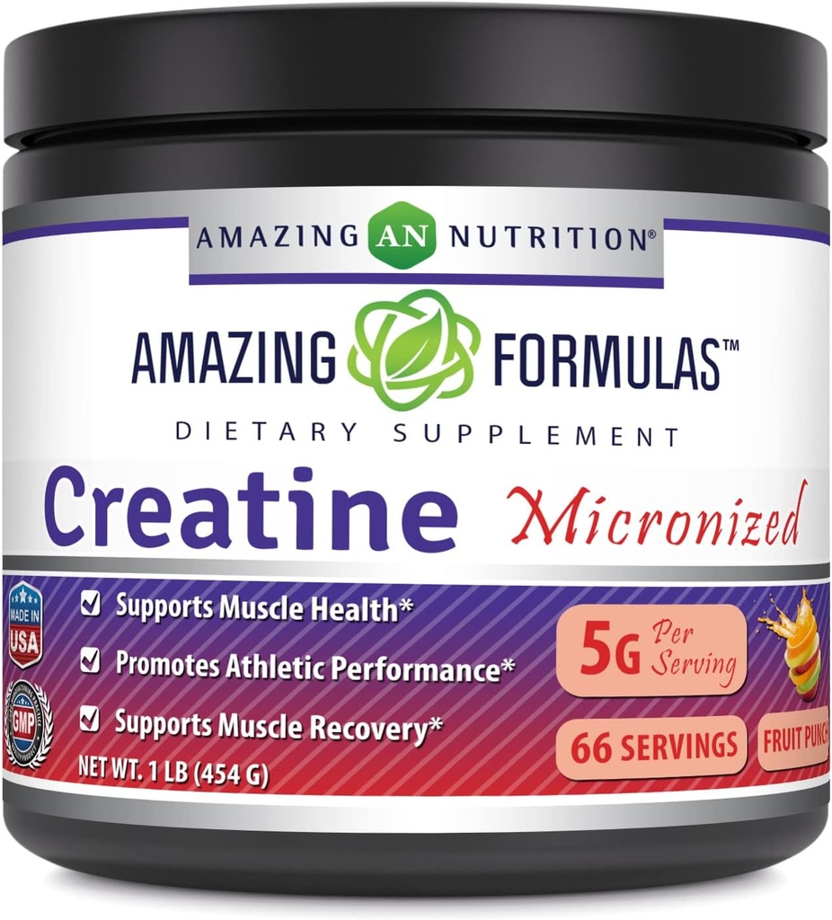 Amazing Formulas Mikronised Creatin Monohydrat Powder Supplement- 124; 5000 mg Per Serving - 124; Ideal Pre & Post Workout Supplement- 124; Made in USA (1 LB, Fruit Punch)