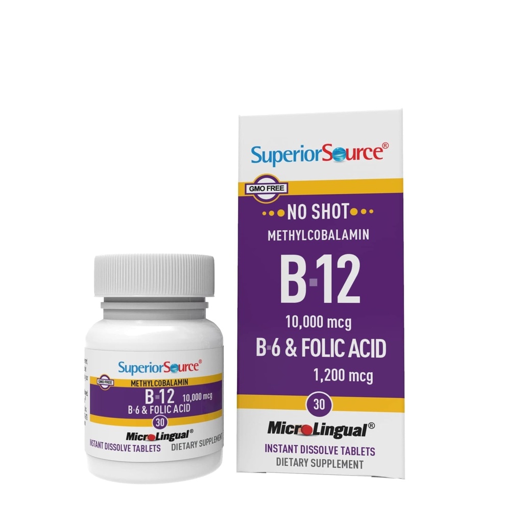 Superior Source No Shot Vitamin B- 12 Methylcobalamin 10000 mcg, B- 6 & folsyre 1200 mcg - Understøtter hjerne & hjerte sundhed - Aids Natural Energy Nivels - 30 Sublingual Opløsning Tablets