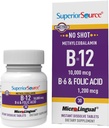 Superior Source No Shot Vitamin B- 12 Methylcobalamin 10000 mcg, B- 6 & folsyre 1200 mcg - Understøtter hjerne & hjerte sundhed - Aids Natural Energy Nivels - 30 Sublingual Opløsning Tablets
