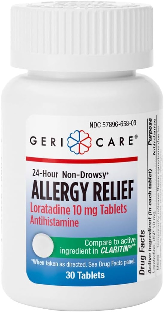 GeriCare Loratadine 10mg non- Drowsy 24- Hour Allergy Relief, Antihistamin Allergy / Sinus Support Tablets for Runny Nose, Nysen, Itchy, 30 Greve, 1 pakke.