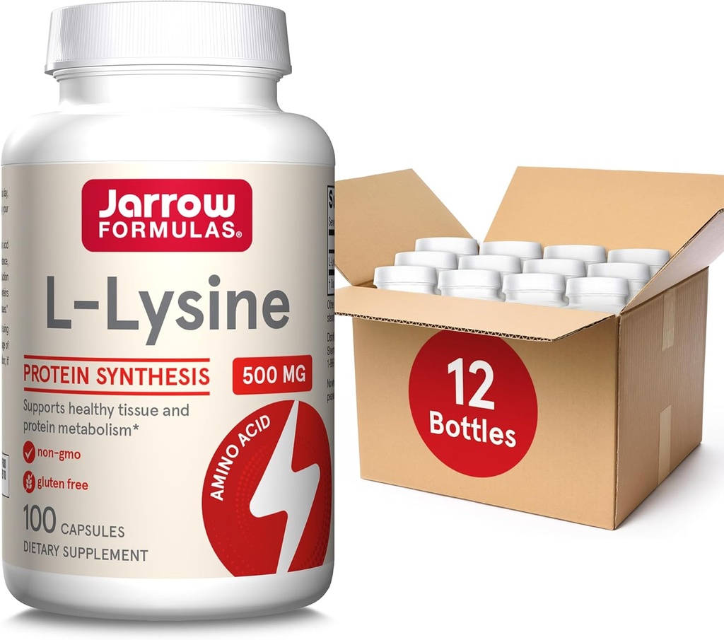 Jarrow Formulas L- Lysin 500 mg - 100 kapsler - Essential Aminosyre til proteinmetabolisme - Kosttilskud - op til 100 Servere (pakke med 12)