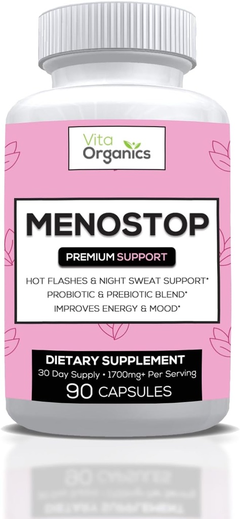 MenoStop - Hot Flashs og Menopause Support - Black Cohosh, Ashwagandha, Dong Quai, Prebiotic and Probiotic Blend - 30-Day Supply