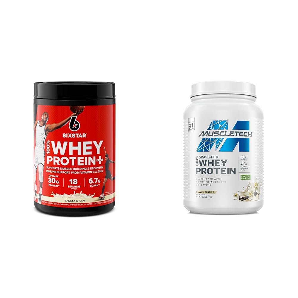 Six Star Elite 100% Whey Protein Plus Vanilla Cream 1.8lbs og MuscleTech Grass Fed Whey Protein Powder Vanilla 20g Protein 1.8 lbs