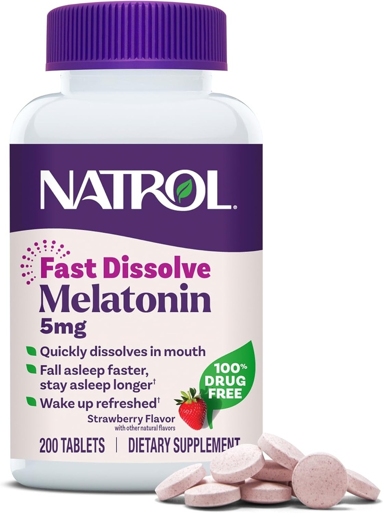 Natrol Melatonin 5mg Fast Dissolve Tablets, Sleep Support Supplements for Adults, Strawberry Flavor, 200 Tablets, Up to 200 Day Supply