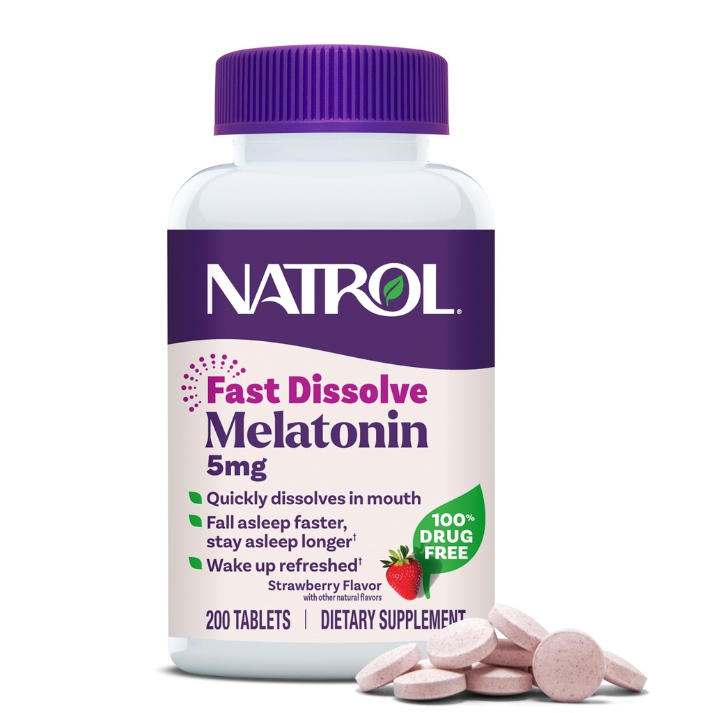 Natrol Melatonin 5mg Fast Opløs tabletter, Søvntilskud til voksne, Strawberry Flavor, 200 tabletter, Op til 200 dages forsyning