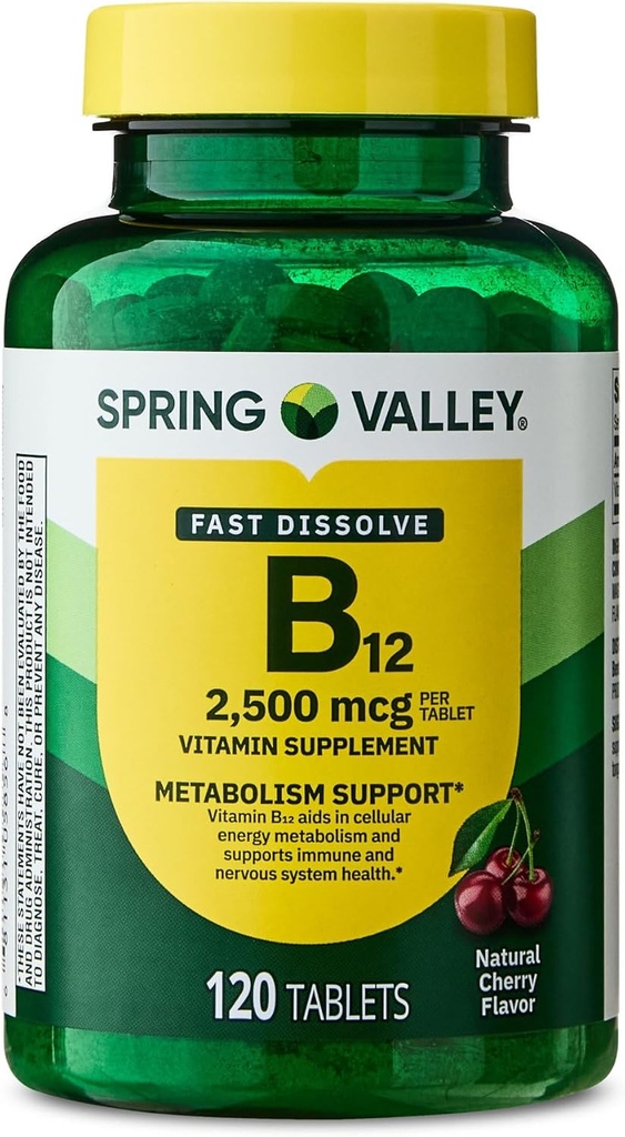 Vitamin B12 Quick- Opløs tabletter Kosttilskud, 2.500 Mcg, Cherry, 120 Tæller og transportable piller Container (2 genstande)