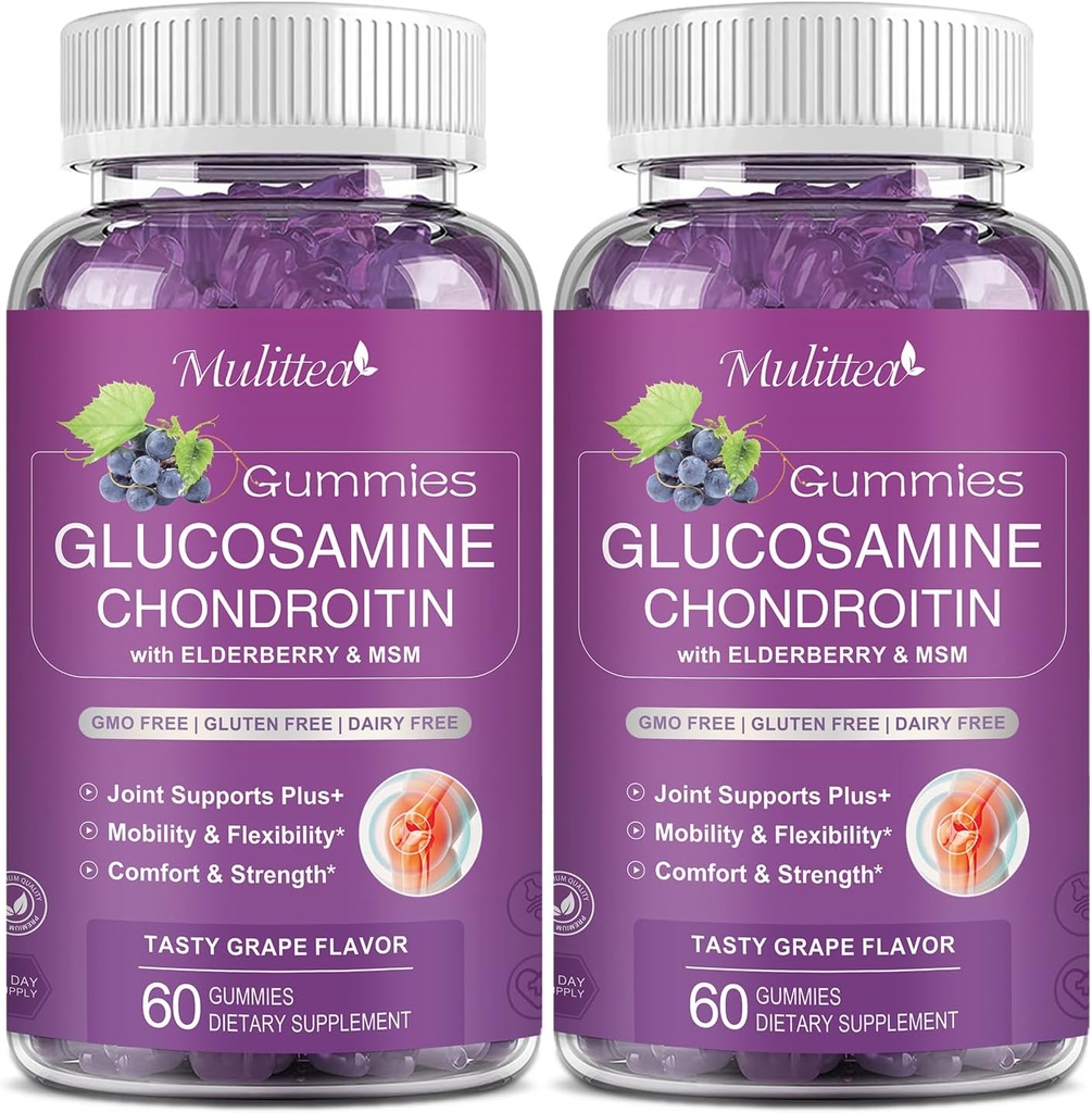Mulitea Glucosamine Chondroitin Gummies - Ekstra styrke fælles støtte supplement med MSM & Elderberry til naturlige fælles, Antioxidant immunforsvar for voksne, Mænd & Women- Sugar- Free (2 Pack)