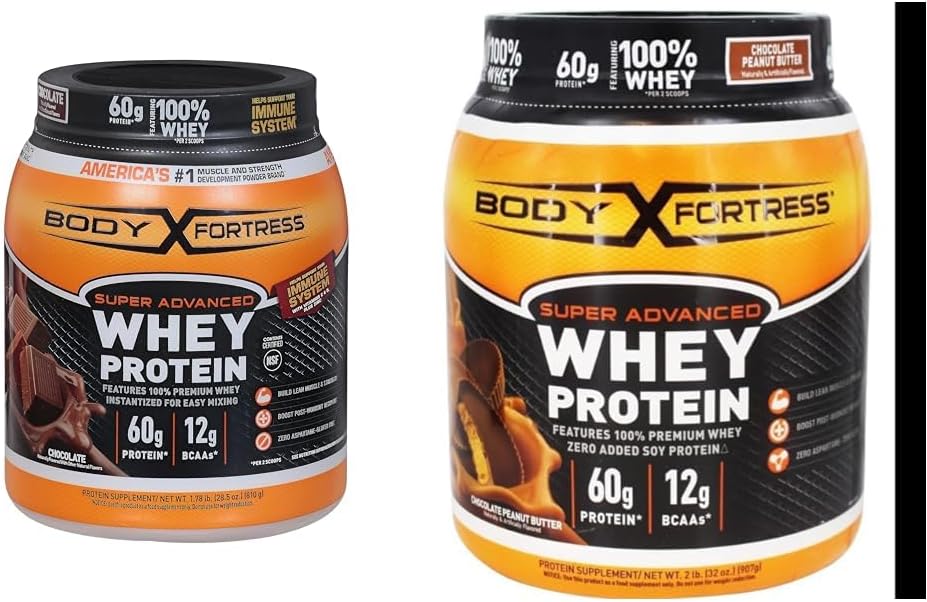 Body Fortress 100% Whey, Premium Protein Powder, Chocolate, 1.78lbs (Packaging May Vary) & 100% Whey, Premium Protein Powder, Chocolate Peanut Butter, 1.78lbs (Packaging May Vary)